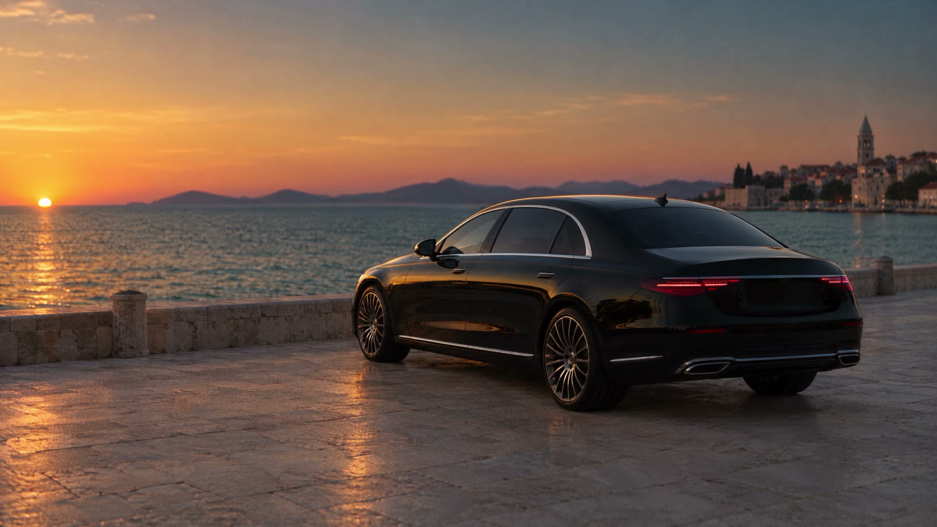 Black sedan on the Adriatic coast at sunset